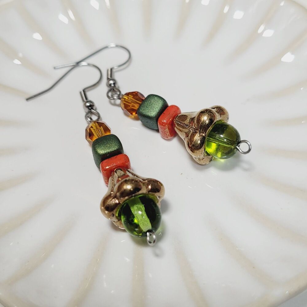 Green Glass Stainless Steel Hooks Secret Lore earrings Fairycore Handmade 688■